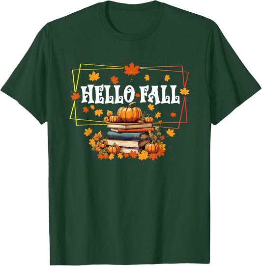 Hello Fall Gifts Pumpkin and Books Reading lovers in Autumn T-Shirt - T-Shirt | Forest