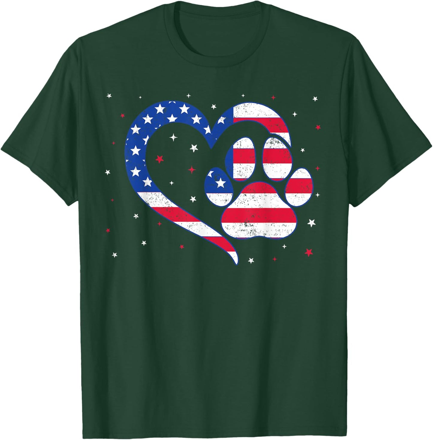 Cat & Dog Paw Heart American Flag Patriotic USA 4th Of July T-Shirt - T-Shirt | Forest