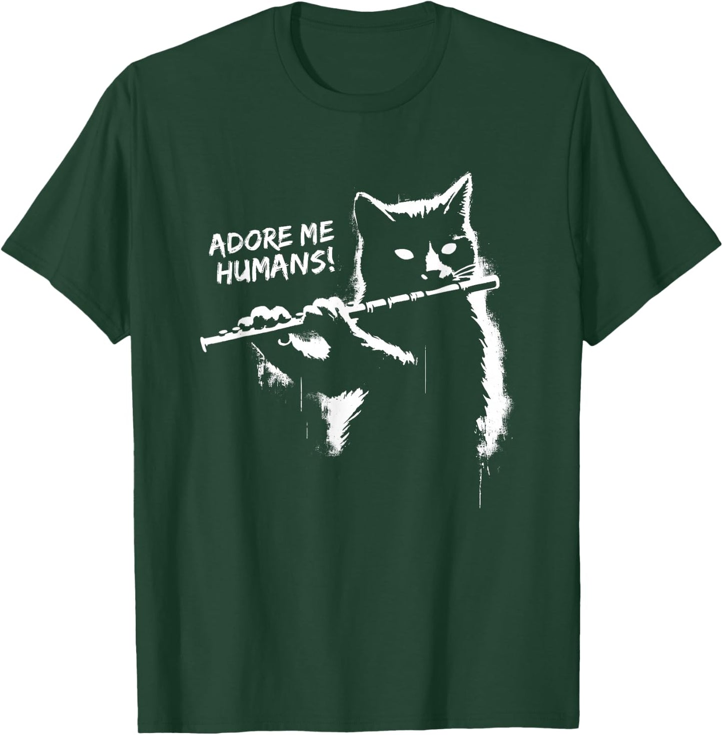 Retro Cat Apparel Gifts Black Cat Playing Flute - Funny Graphic Cat Kitten Lover , Small T-Shirt - T-Shirt | Forest