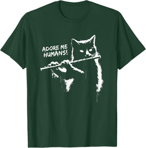 Retro Cat Apparel Gifts Black Cat Playing Flute - Funny Graphic Cat Kitten Lover , Small T-Shirt - T-Shirt | Forest