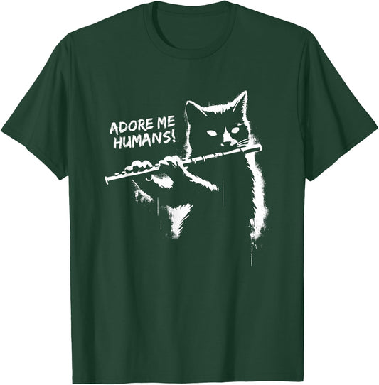 Retro Cat Apparel Gifts Black Cat Playing Flute - Funny Graphic Cat Kitten Lover , Small T-Shirt - T-Shirt | Forest