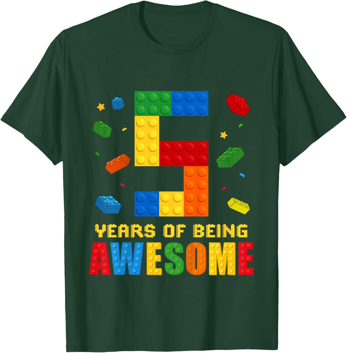 Kids 5 Year Old Birthday Boy Being Awesome Building Bricks 5th T-Shirt - T-Shirt | Forest