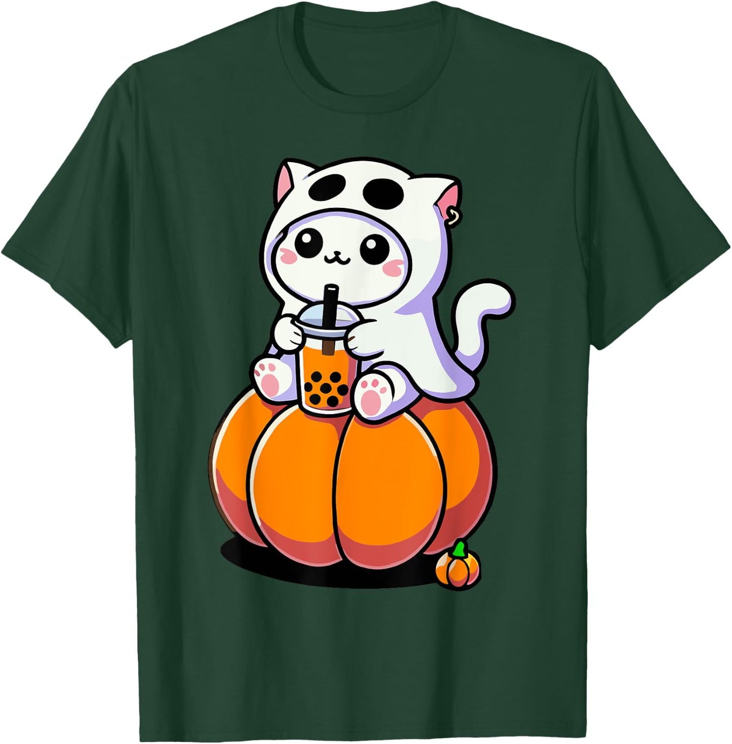 Cute Halloween Cat in Ghost Costume Drinking Boba Tea Men Women Kids T-Shirt - T-Shirt | Forest