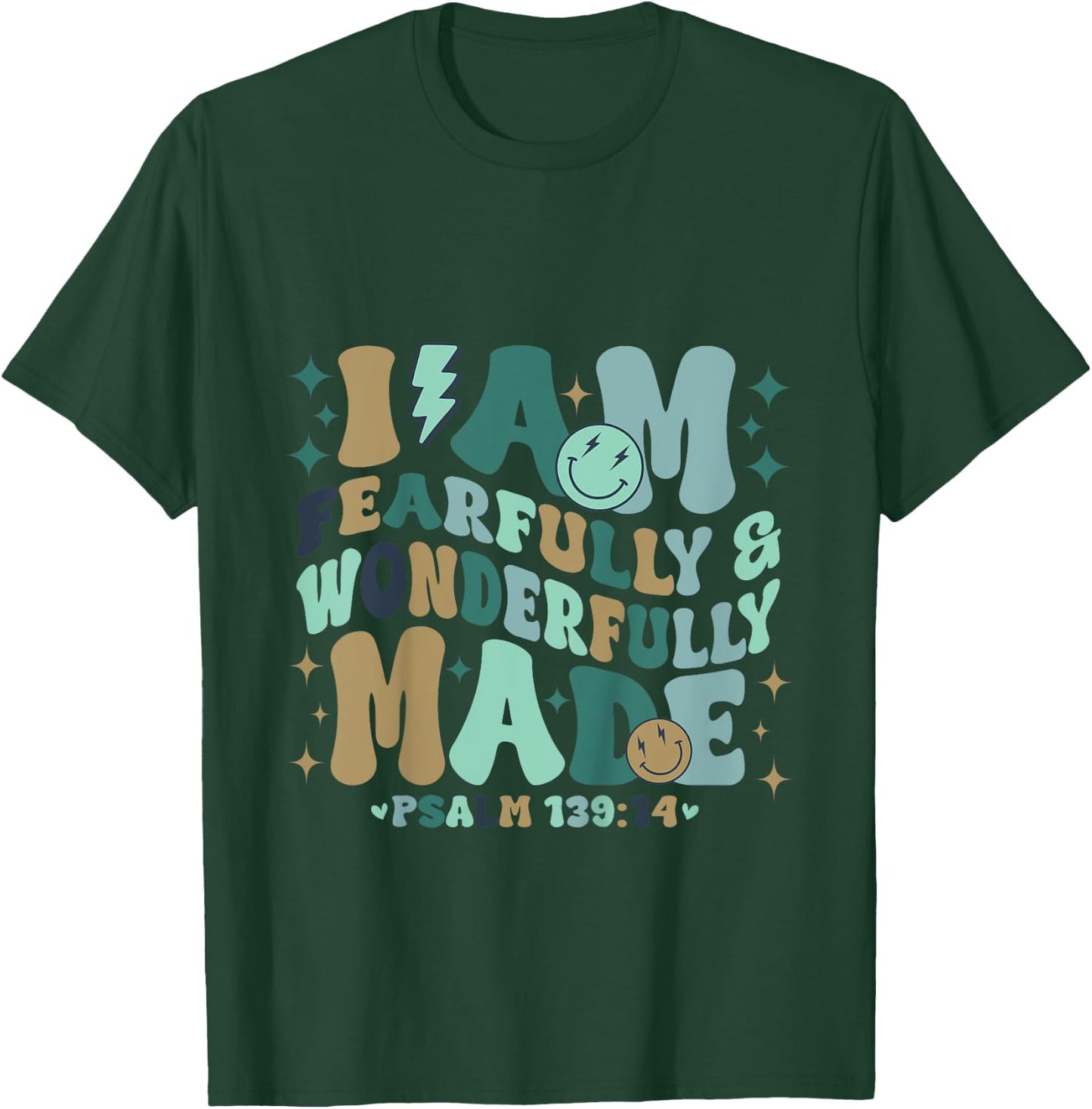 Kids I am Fearfully & Wonderfully Made Retro Bible Verse Kids T-Shirt - T-Shirt | Forest