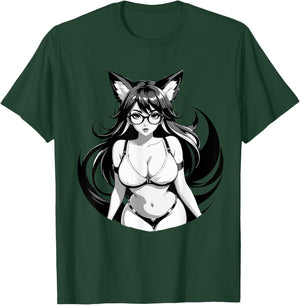 Sexy Waifu Otaku Anime Fox E-Girl Japanese Black & White T-Shirt - T-Shirt | Forest