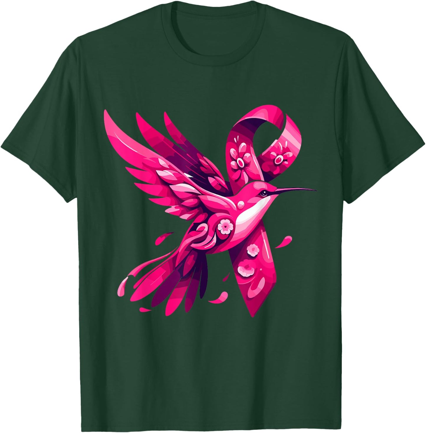 Hummingbird Flower Pink Ribbon Breast Cancer Awareness T-Shirt - T-Shirt | Forest