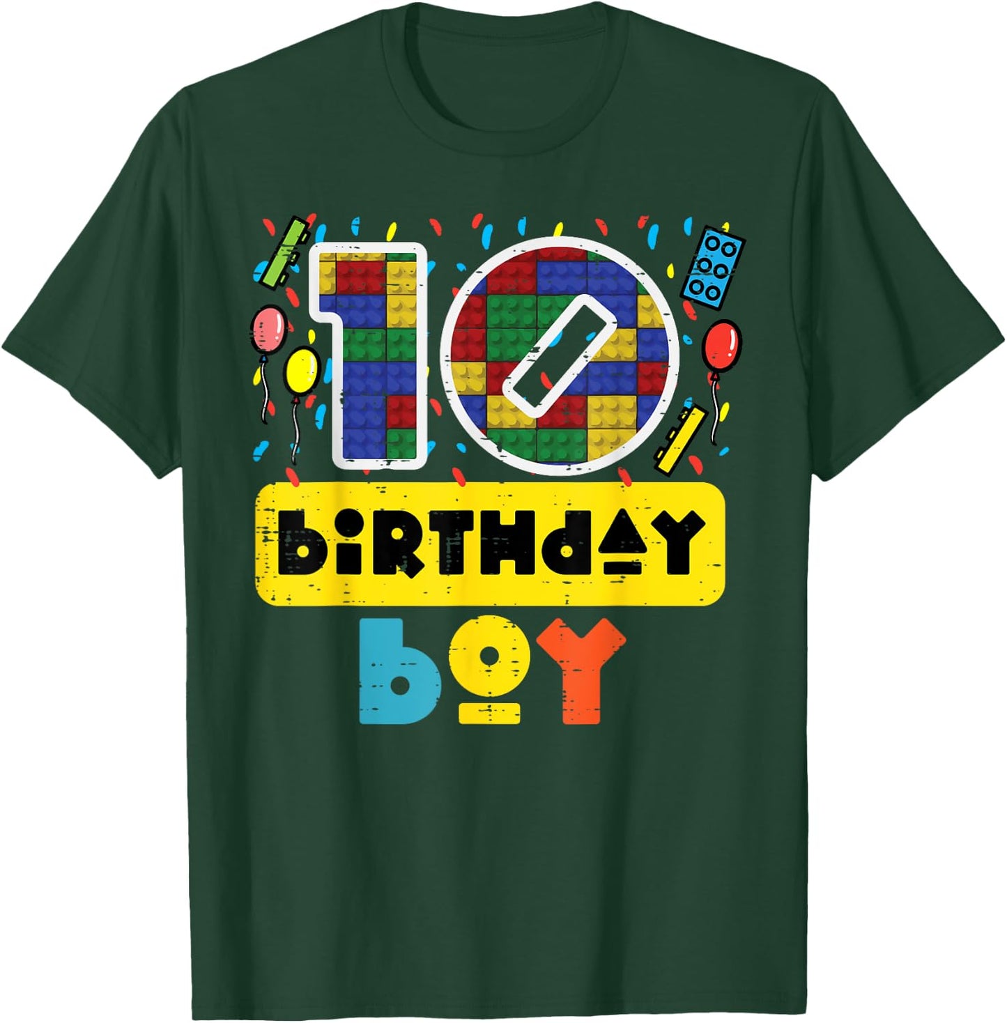 10 Birthday Boy Building Blocks 10th Bday Party Boys Kids T-Shirt - T-Shirt | Forest