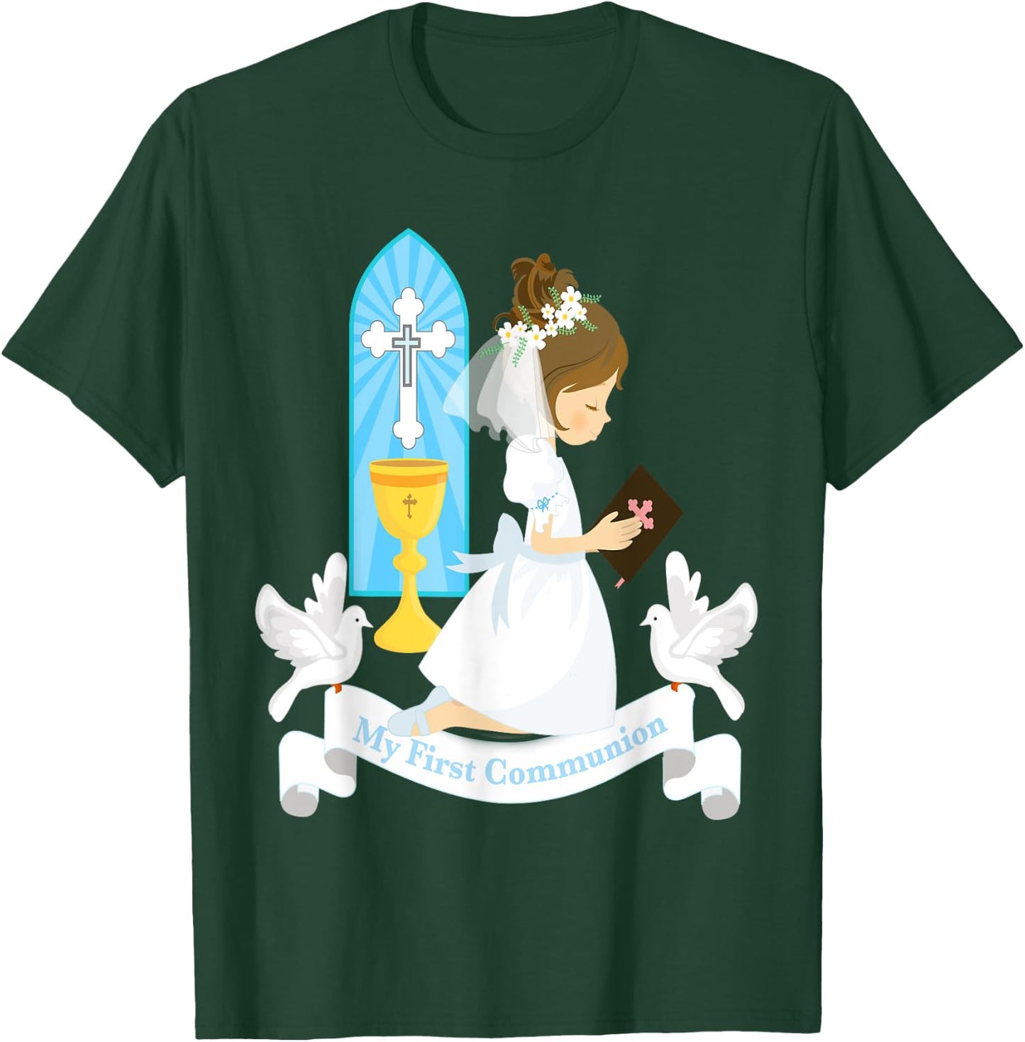My First Communion Girls Daughter Godchild Brunette Church T-Shirt - T-Shirt | Forest
