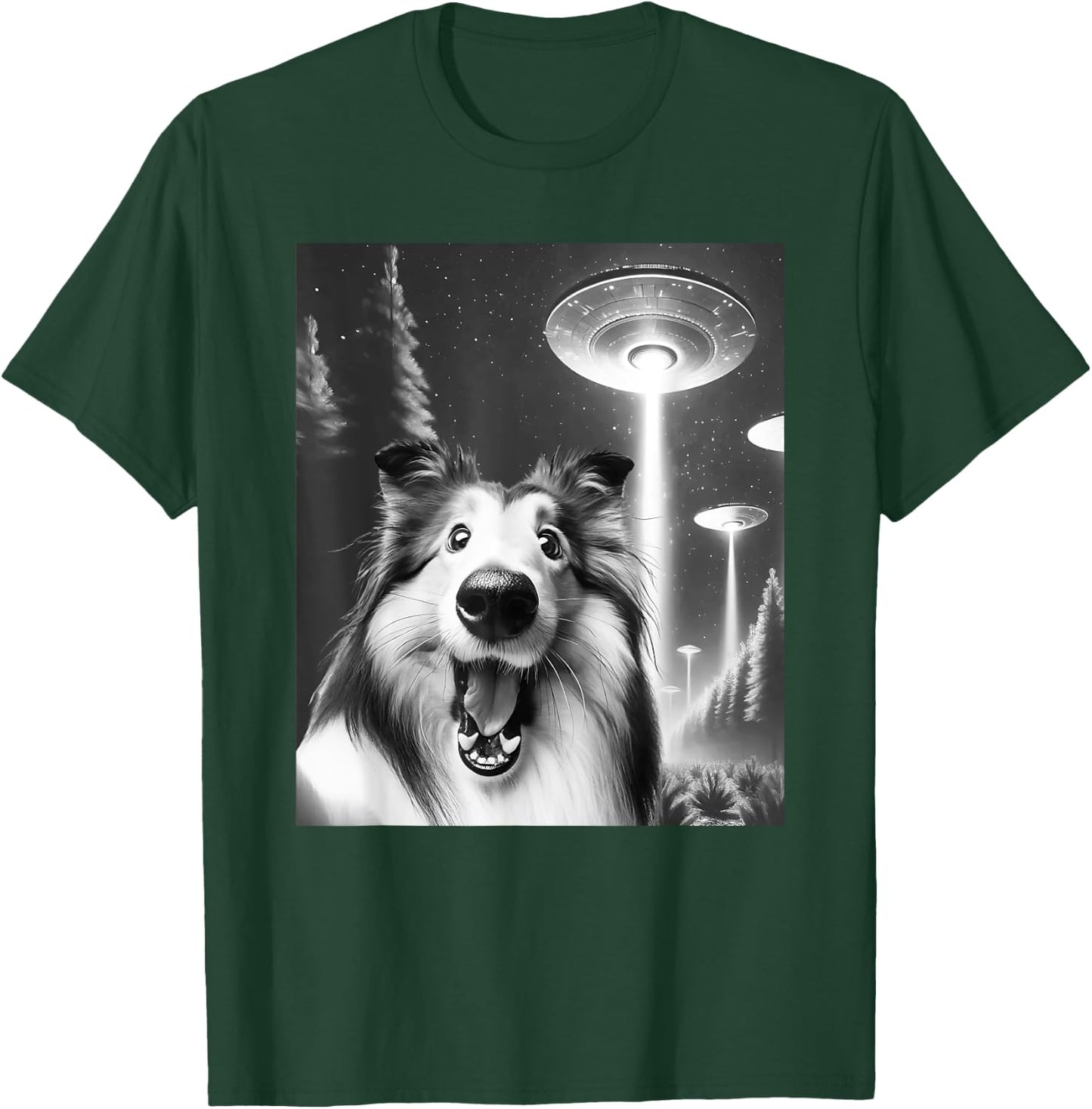Funny Rough Collie Alien UFO Taking a Selfie Dog Mom Dad Women Kids T-Shirt - T-Shirt | Forest