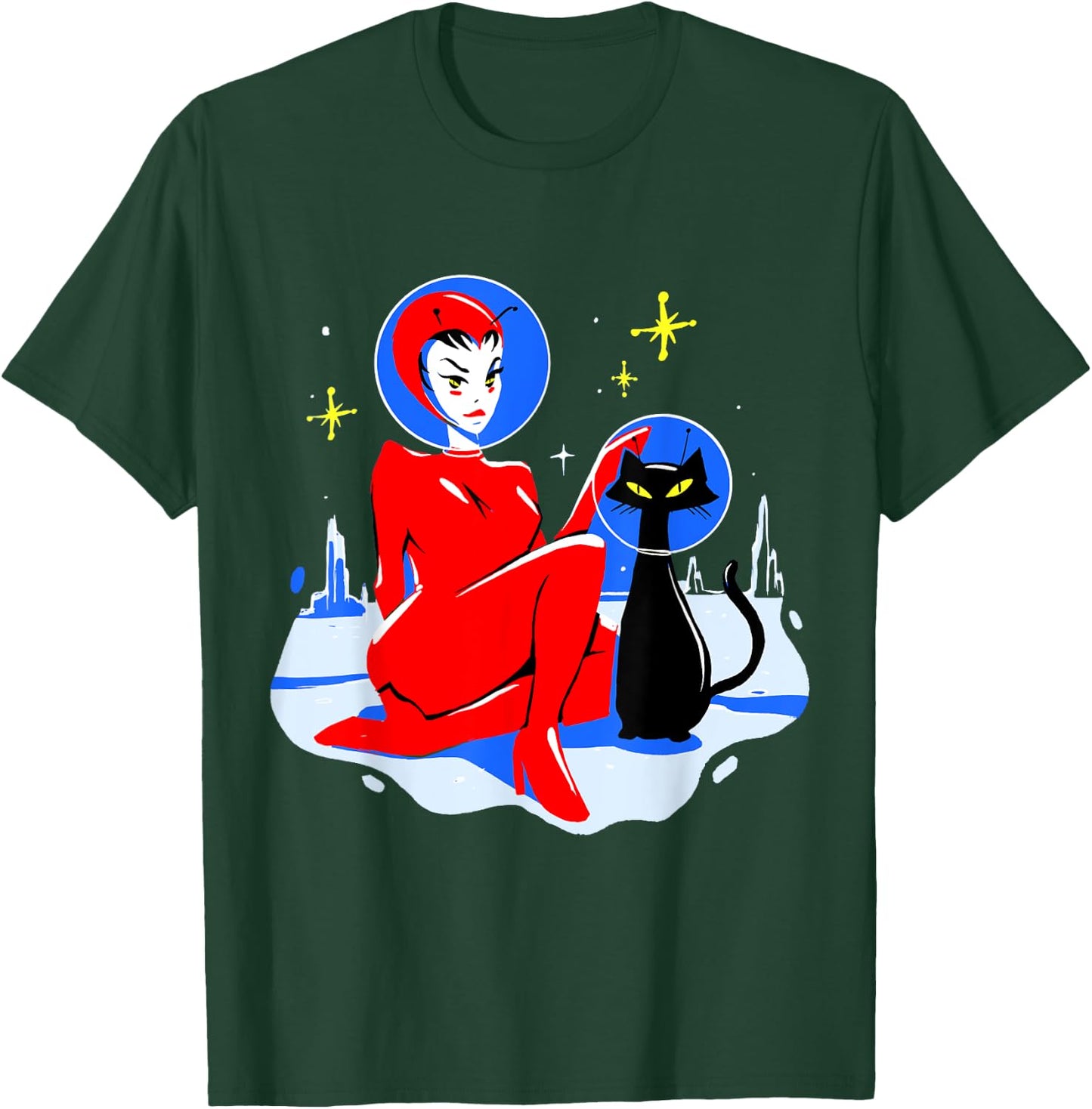 Mid Century Space Cat Retro Atomic Age Alien Pin Up Girl T-Shirt - T-Shirt | Forest