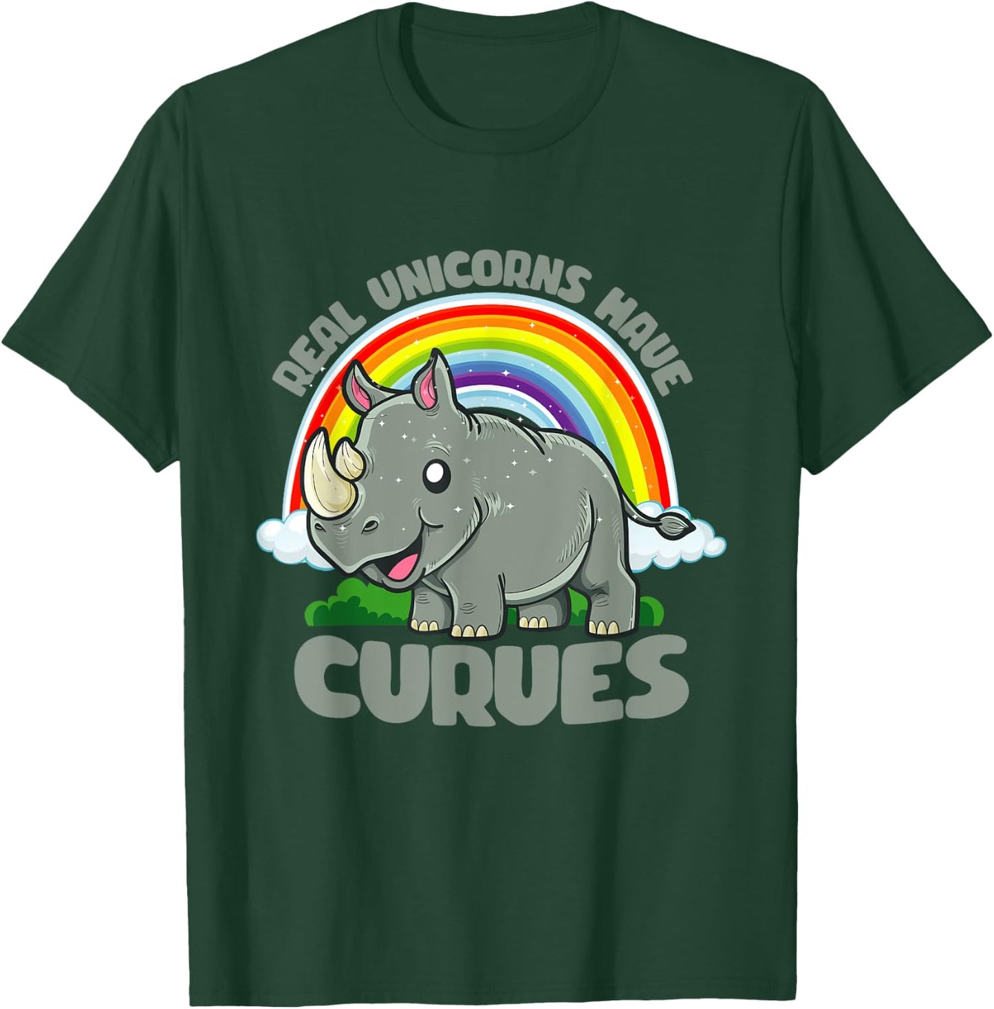 Real Unicorns Have Curves Rhinoceros Rhino Rainbow Fantasy T-Shirt - T-Shirt | Forest