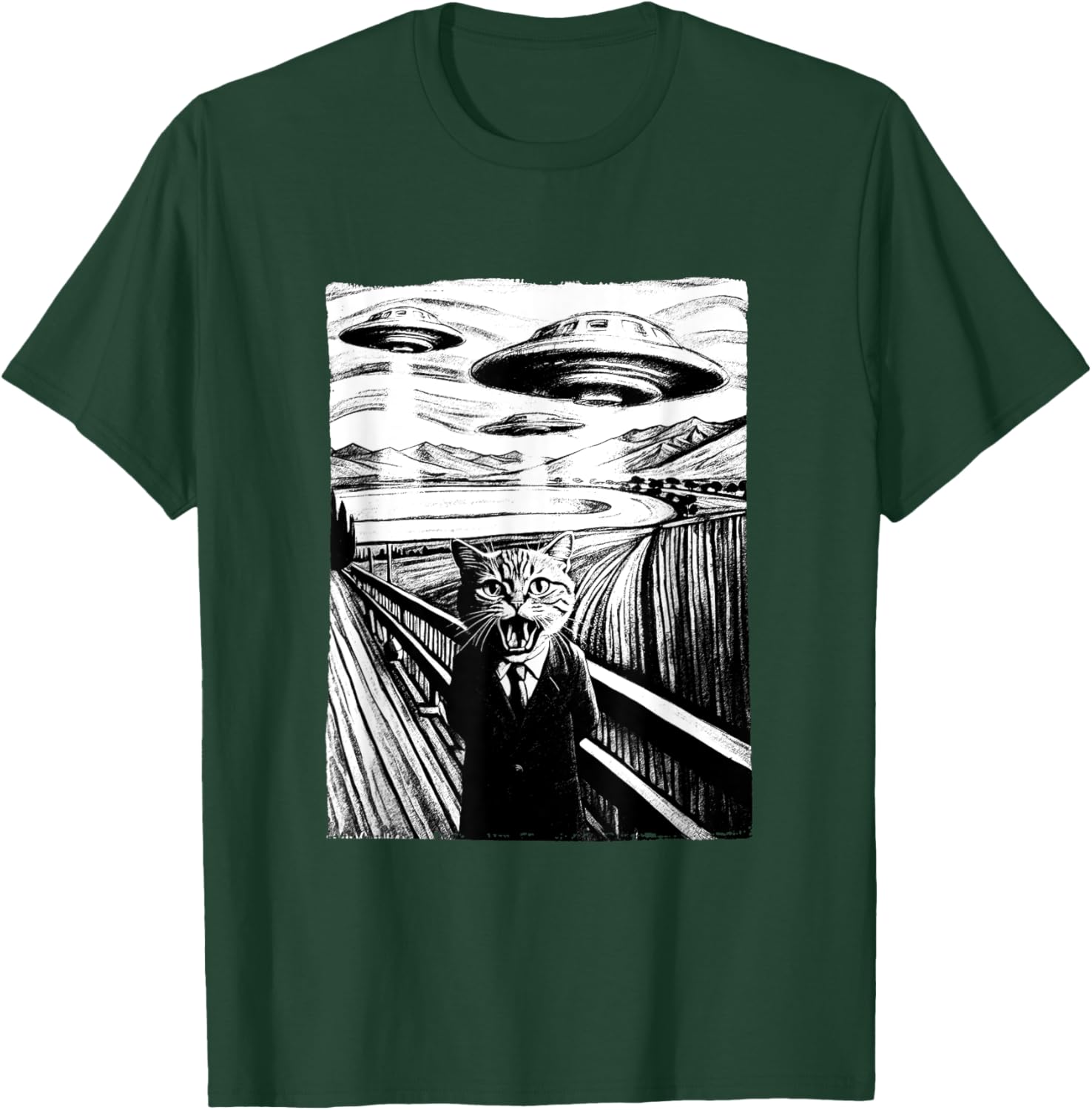 Cat Selfie with Alien and Ufo Men Women Kids T-Shirt - T-Shirt | Forest