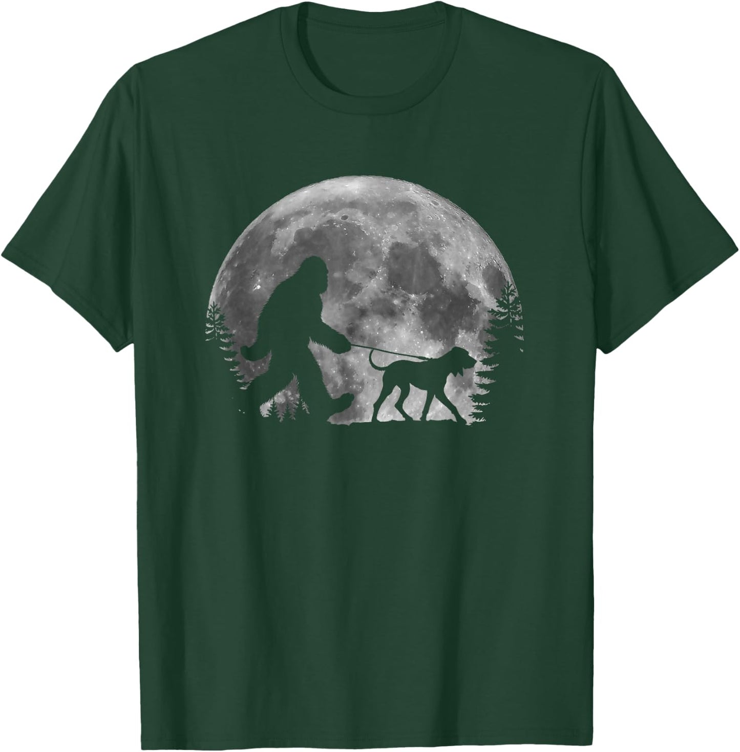 Bigfoot Walking a Dog Funny Coonhound Lovers Moon Halloween Men Women Kids T-Shirt - T-Shirt | Forest