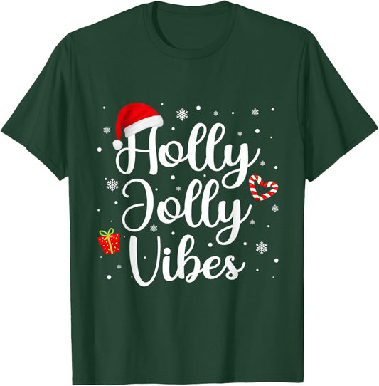Cute Holly Christmas Jolly Vibes Santa Holiday Women Men T-Shirt - T-Shirt | Forest