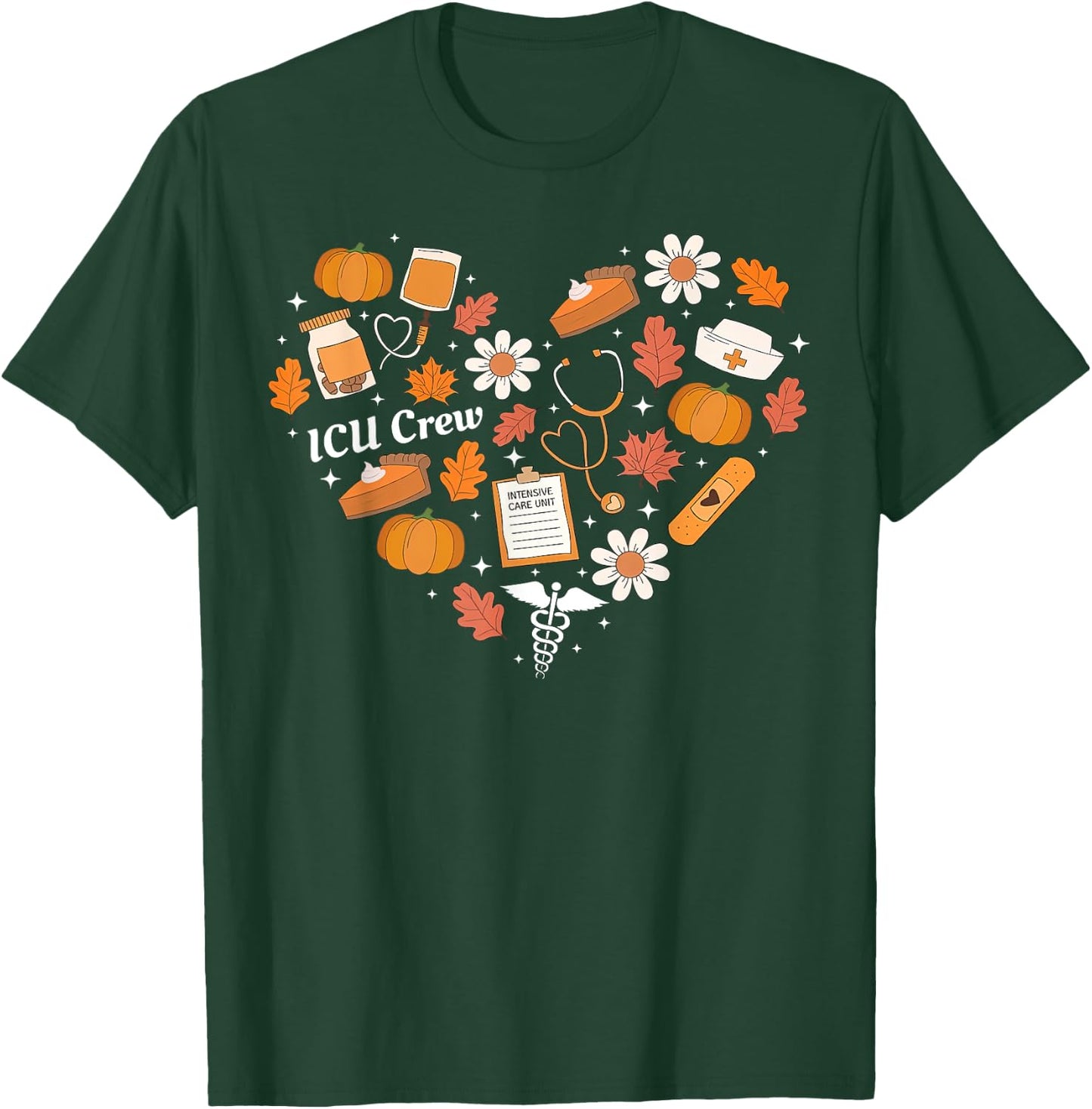 ICU Crew Nurse Fall Heart Autumn Pumpkin Thanksgiving CVICU T-Shirt - T-Shirt | Forest