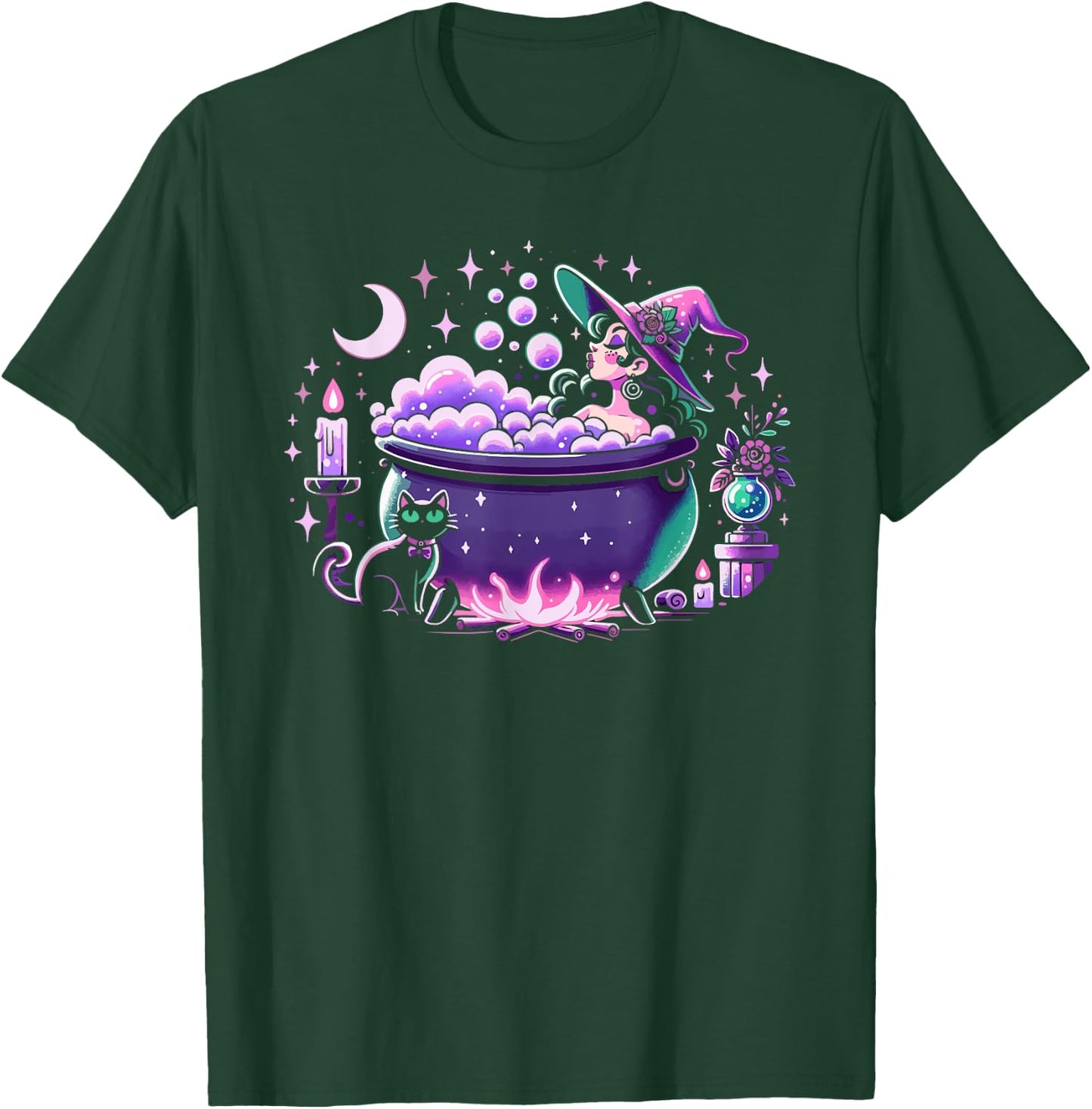 Witch Bubble Bath Cauldron Purple Pink Pastel Goth Cute Cat T-Shirt - T-Shirt | Forest