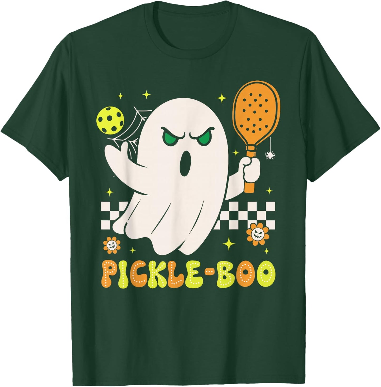 Groovy Halloween Pickleball Pickle Boo Ghost Men Women Kids T-Shirt - T-Shirt | Forest