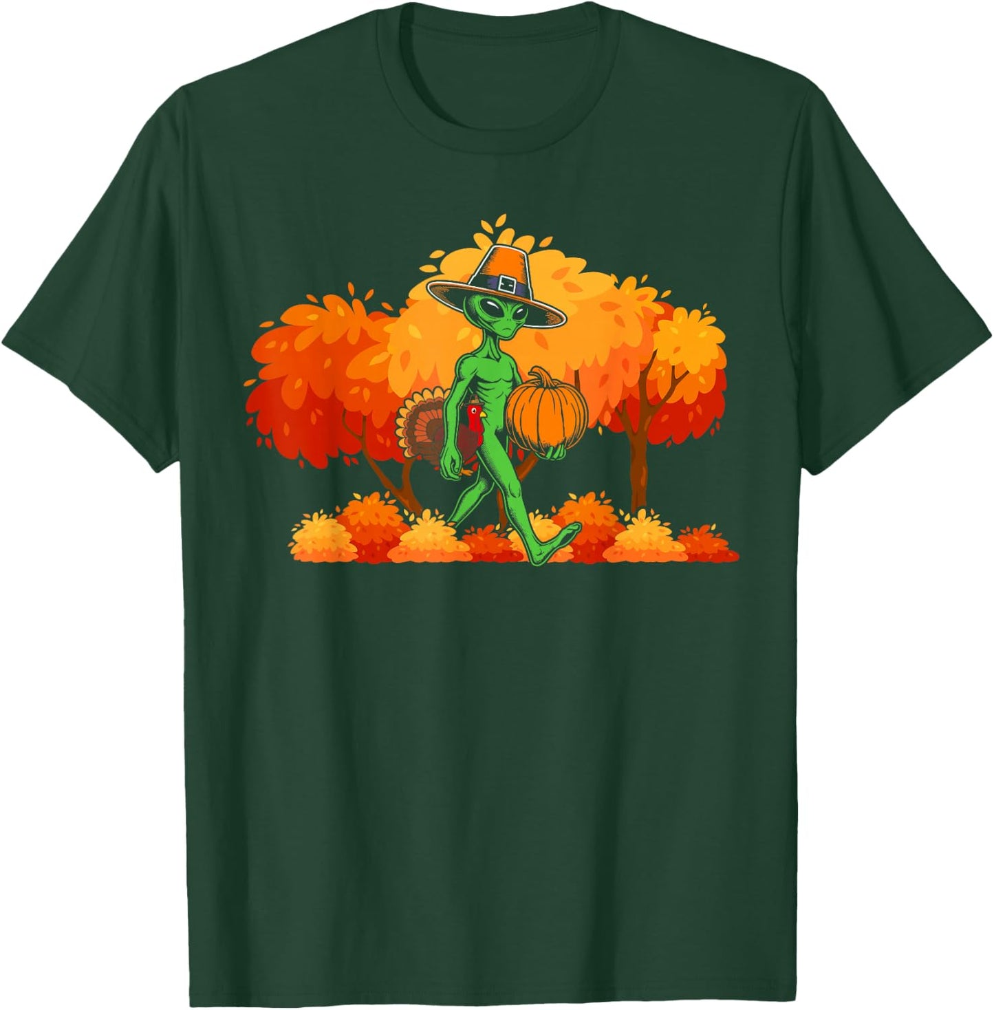 Alien thanksgiving Pilgrim Turkey Pumpkin autumn leaves fall T-Shirt - T-Shirt | Forest
