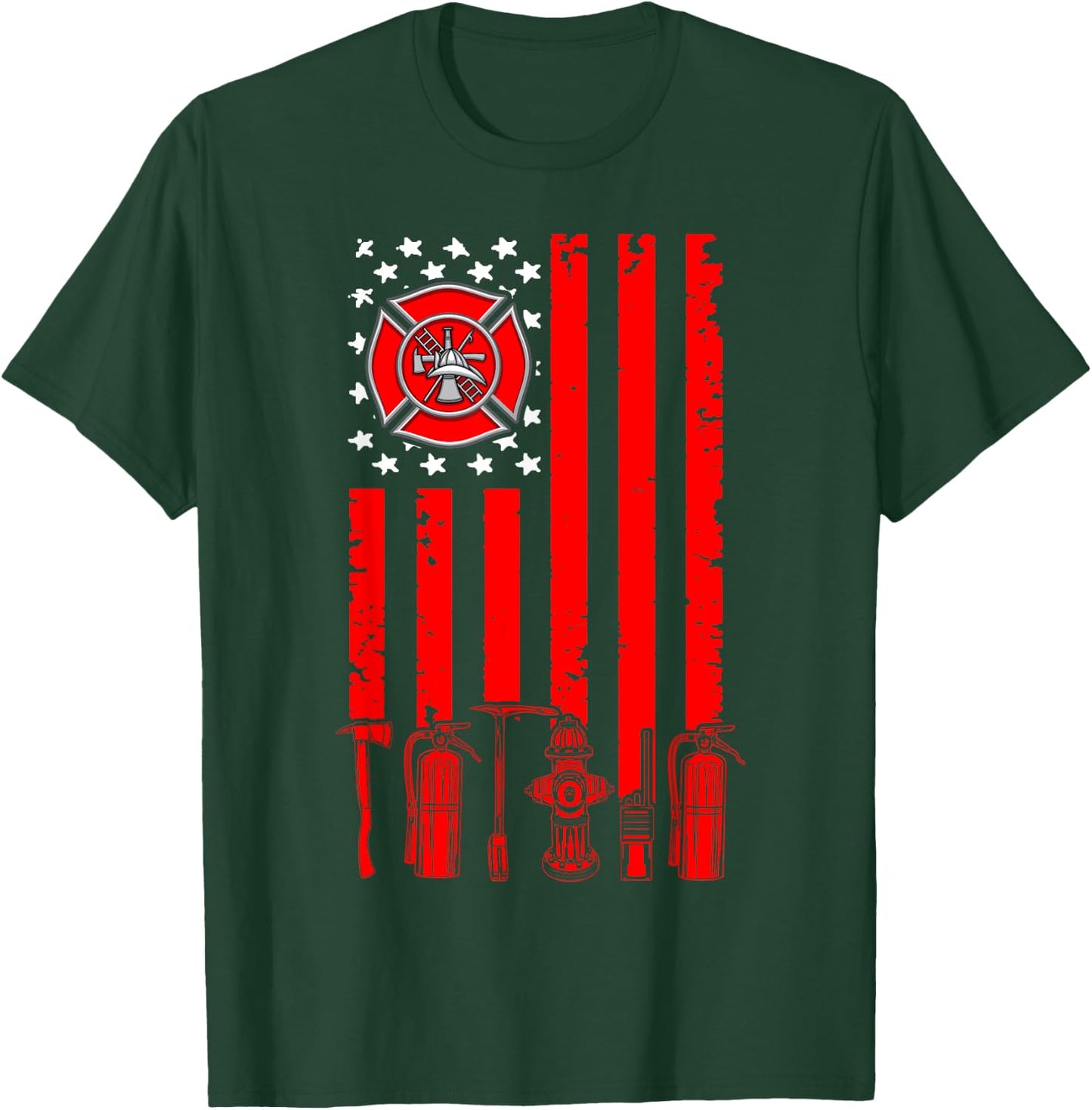 Fireman USA Flag Firefighter Firefighting Expert T-Shirt - T-Shirt | Forest