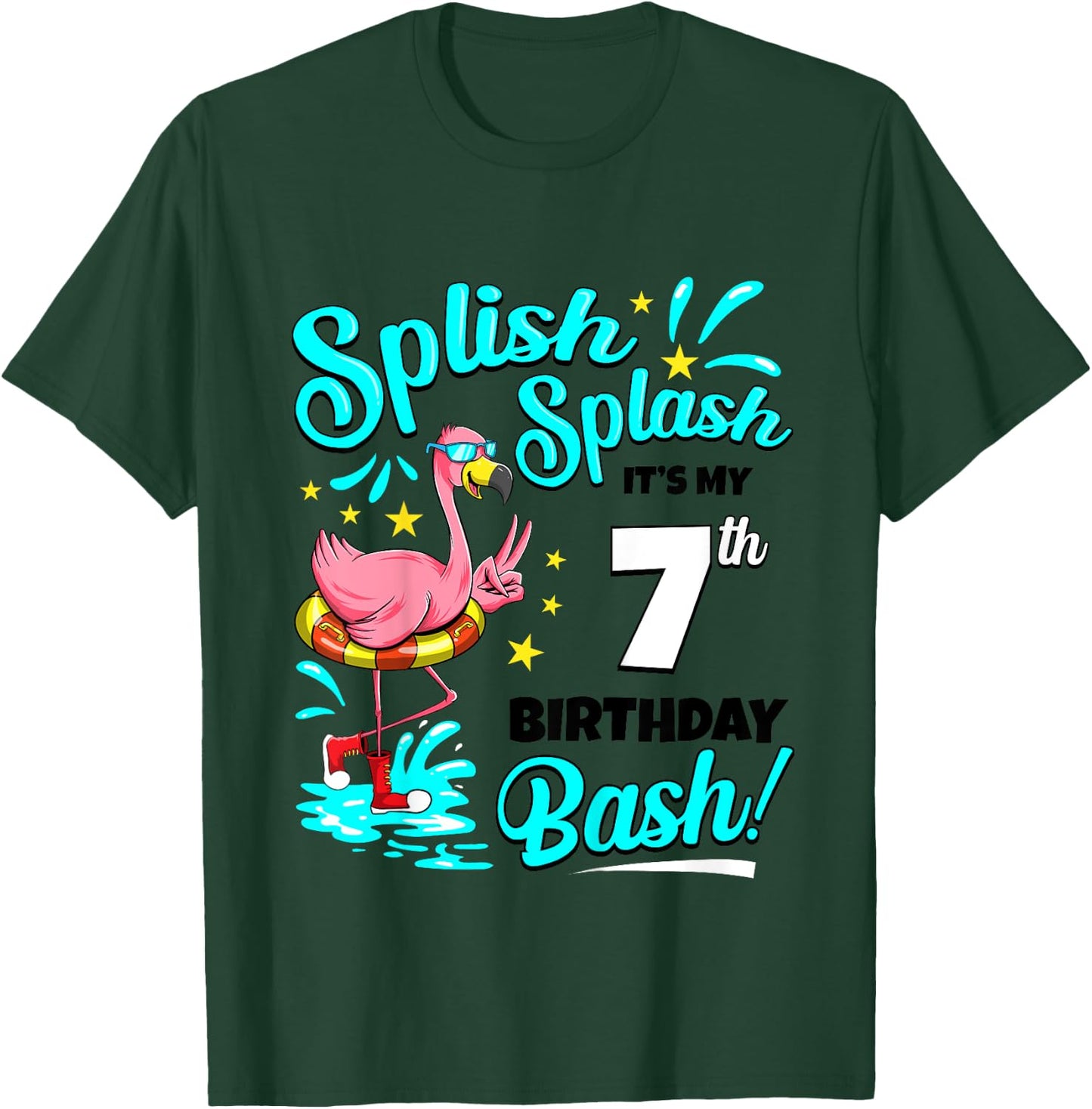 7th Birthday Flamingo 7 Years Old Pool Party Summer Girls Kids T-Shirt - T-Shirt | Forest