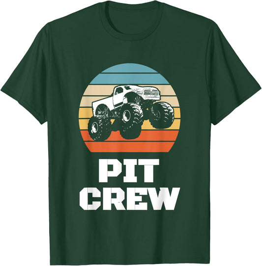 Pit Crew Monster Trucks Happy Sunset Retro Theme T-Shirt - T-Shirt | Forest