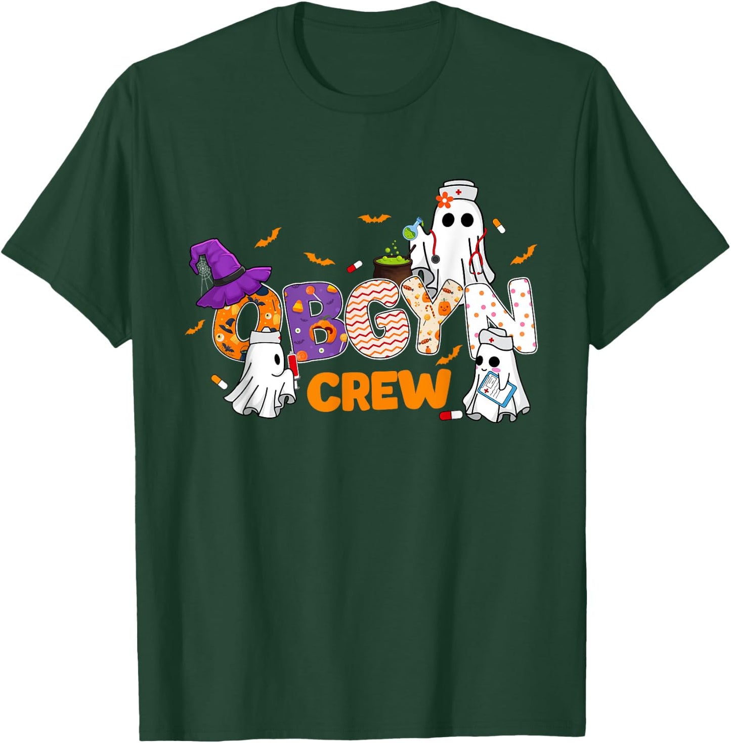 Halloween OBGYN Crew Cute Boo Ghost Nurse Nursing Scrub T-Shirt - T-Shirt | Forest
