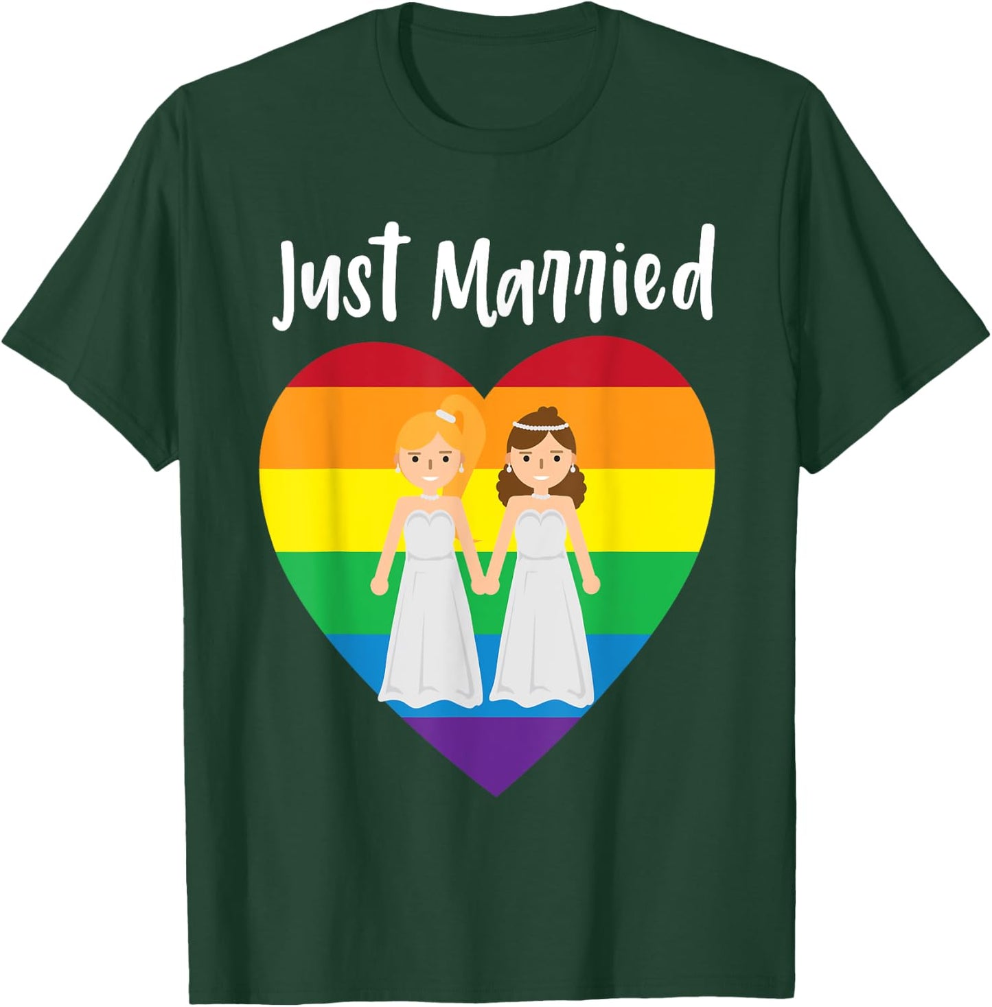 Just Married Double Bride Lesbian Pride Rainbow Color Print T-Shirt - T-Shirt | Forest