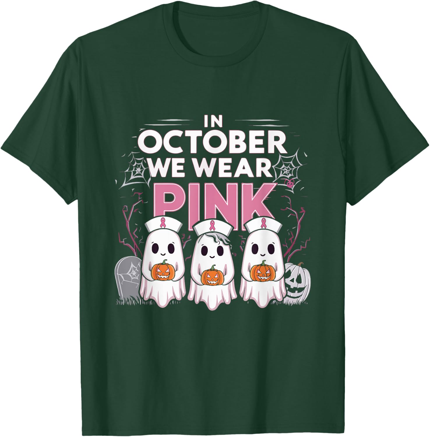 In October We Wear Pink Ribbon Nurse Ghost Halloween T-Shirt - T-Shirt | Forest