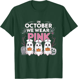 In October We Wear Pink Ribbon Nurse Ghost Halloween T-Shirt - T-Shirt | Forest