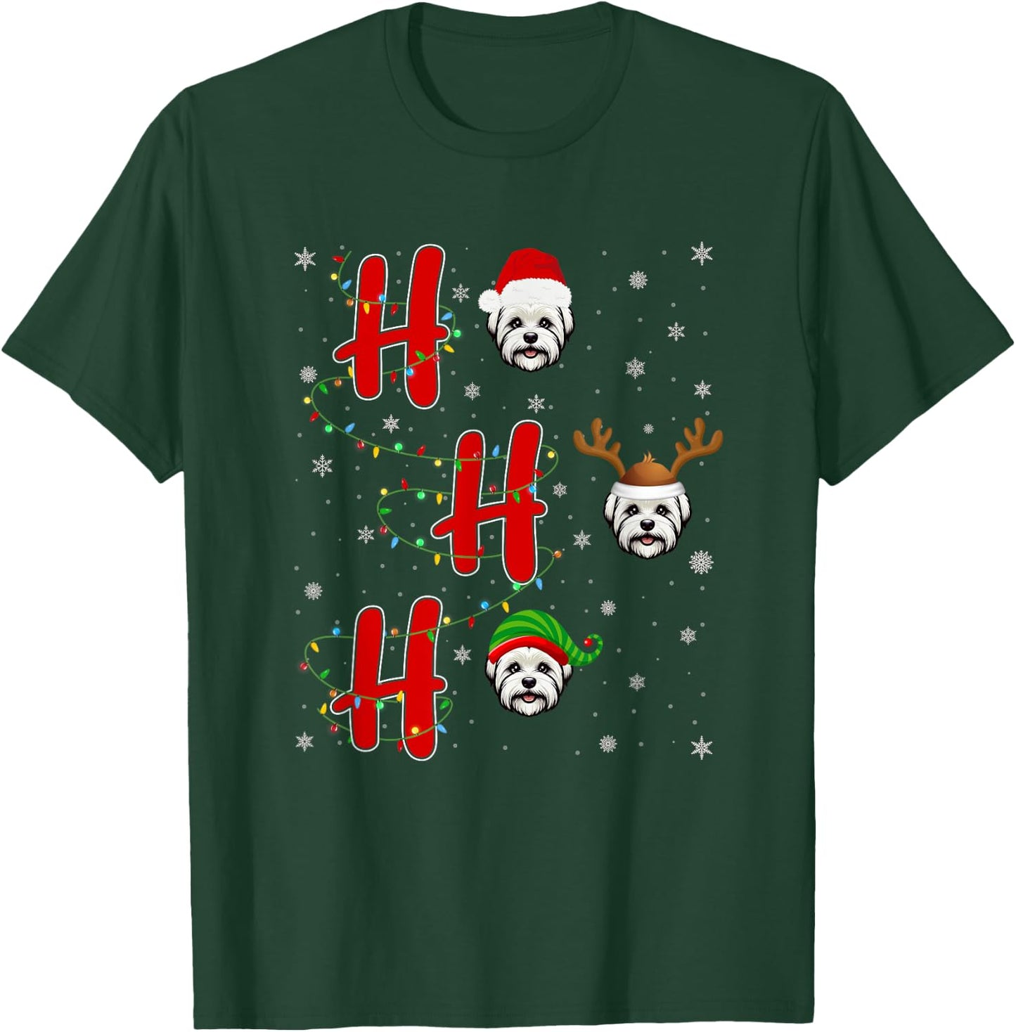 Xmas Lights HO HO HO Maltese Dog Funny Ugly Christmas T-Shirt - T-Shirt | Forest