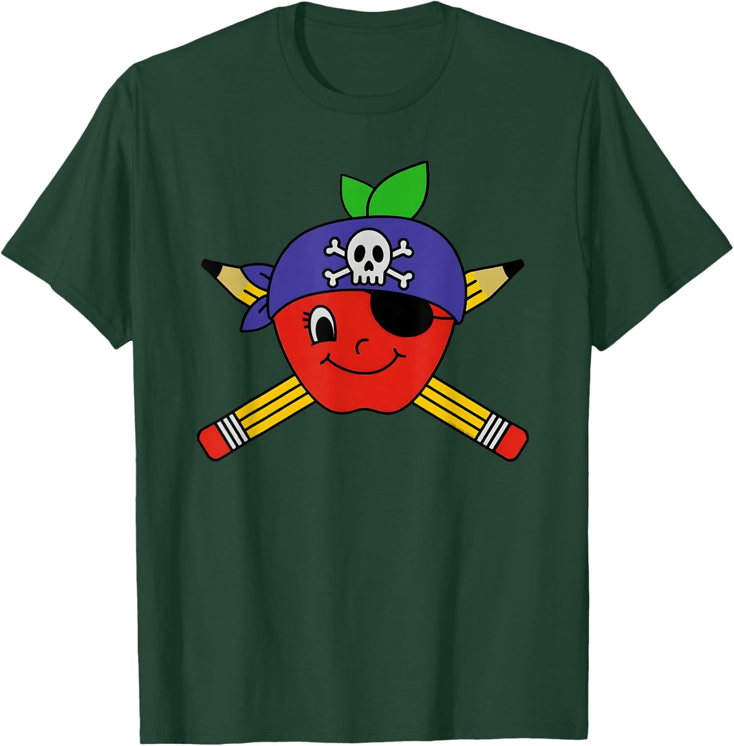 Teacher's Pirate Apple with Crossed Pencils Pirate Teacher T-Shirt - T-Shirt | Forest