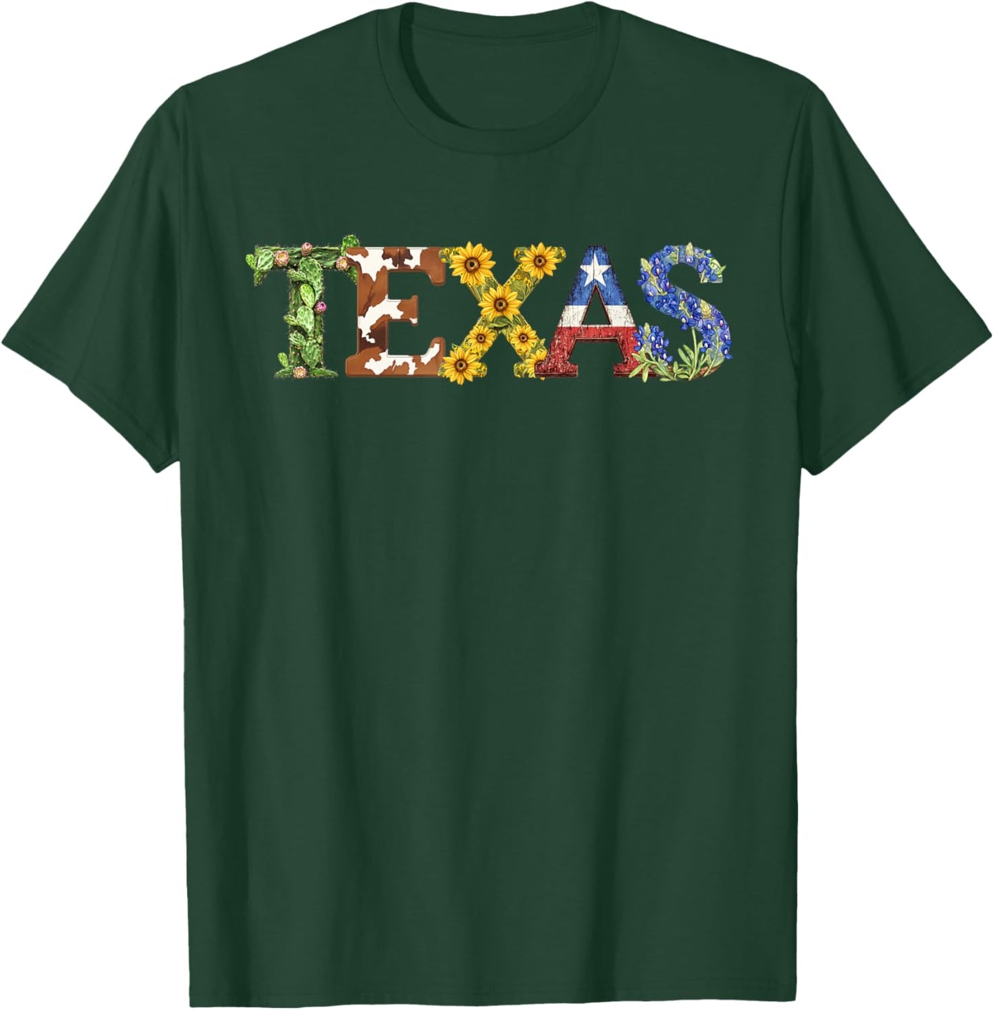 Texas-Themed Letters with Cactus, Sunflowers, & Bluebonnets T-Shirt - T-Shirt | Forest