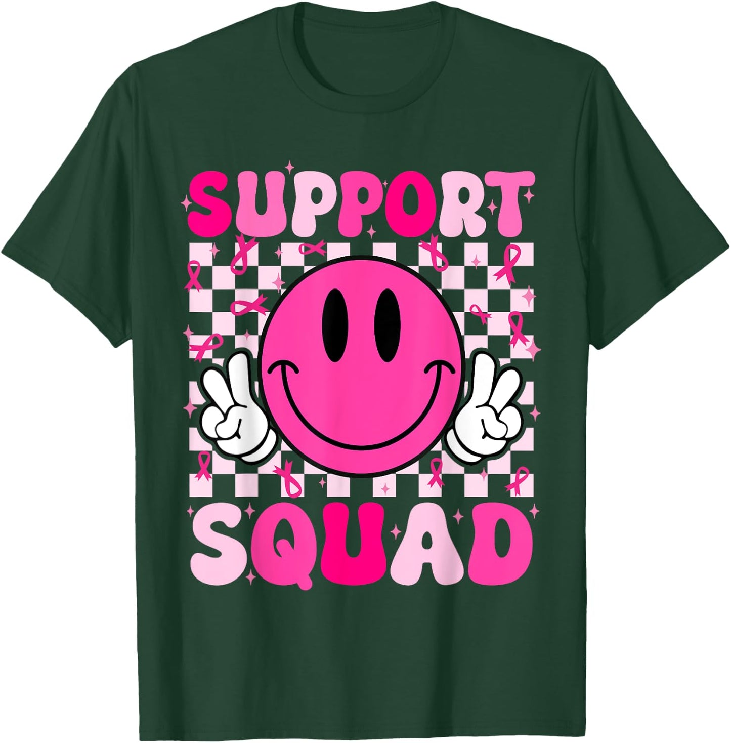 Groovy Breast Cancer Awareness Men Women Kids Support Squad T-Shirt - T-Shirt | Forest