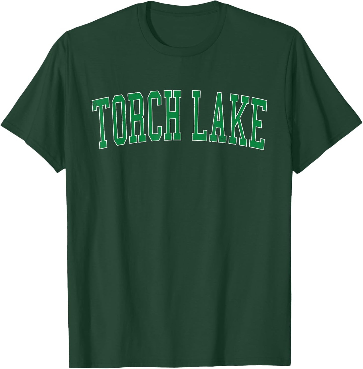 Vintage Torch Lake Distressed Green Varsity Style T-Shirt - T-Shirt | Forest