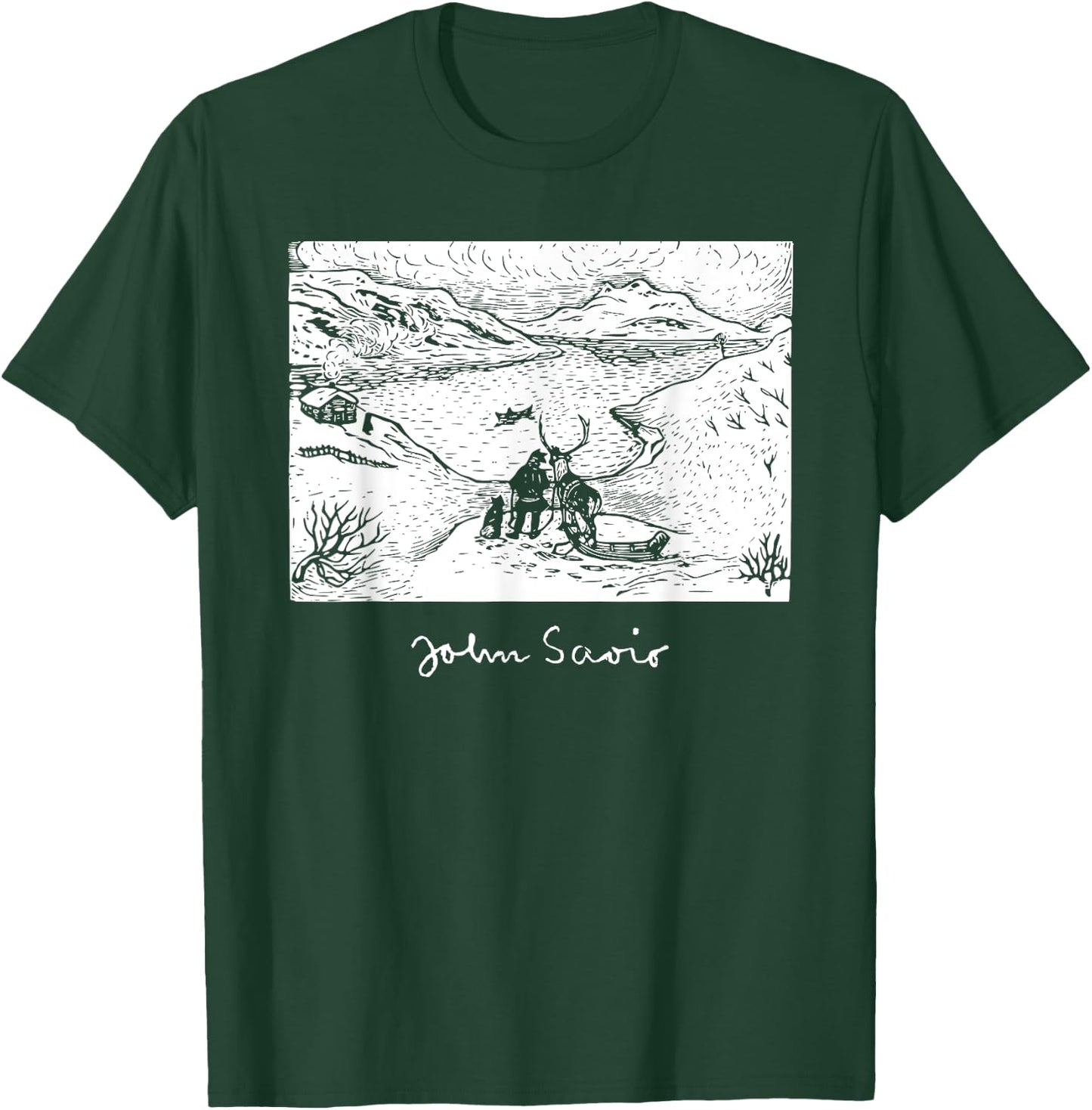 John Savio Sami Art Lapland Lapp with Reindeer at Bay Snow T-Shirt - T-Shirt | Forest
