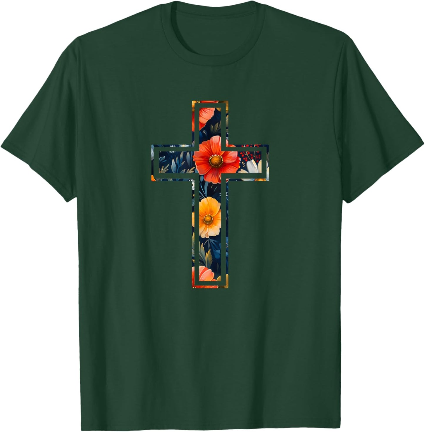 Elegant Silhouette Flowers Faith Floral Christian Cross T-Shirt - T-Shirt | Forest