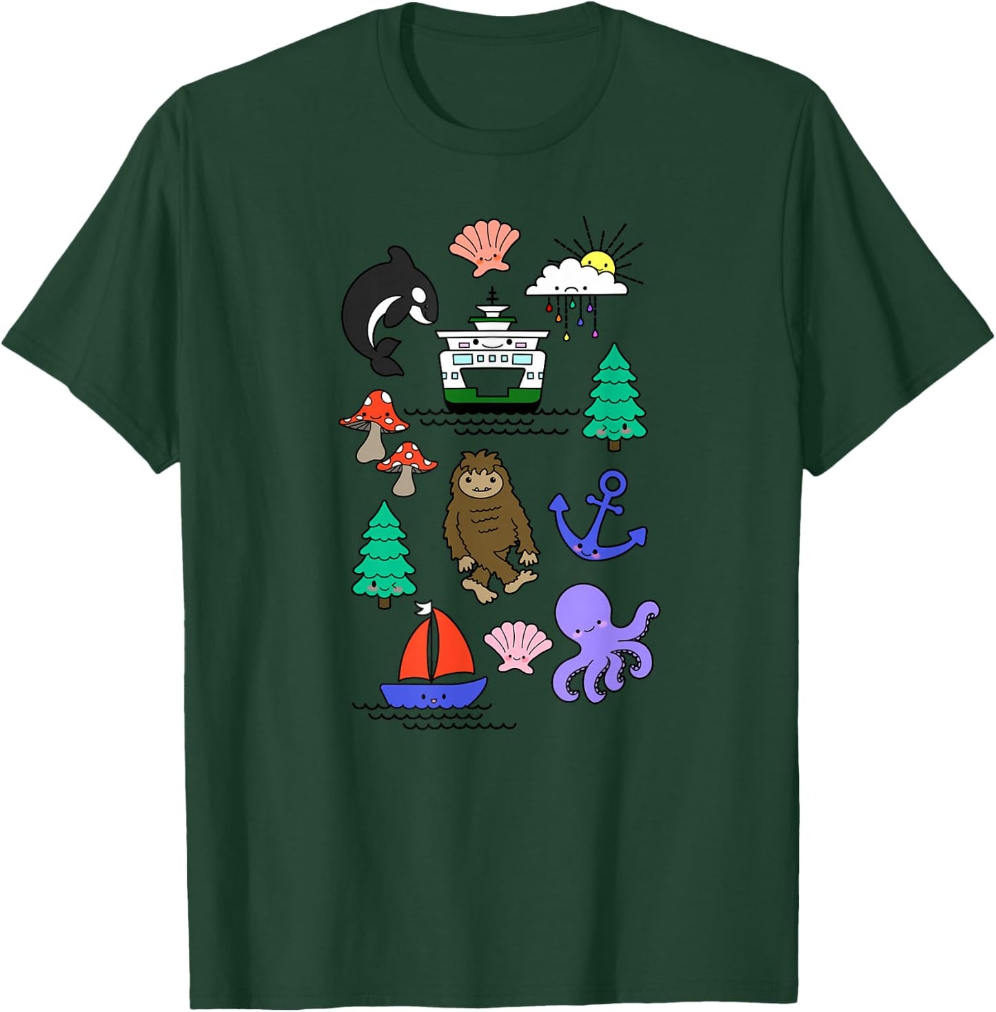 Pacific Northwest Kawaii Sasquatch Ferry Boat Doodle Sketch T-Shirt - T-Shirt | Forest