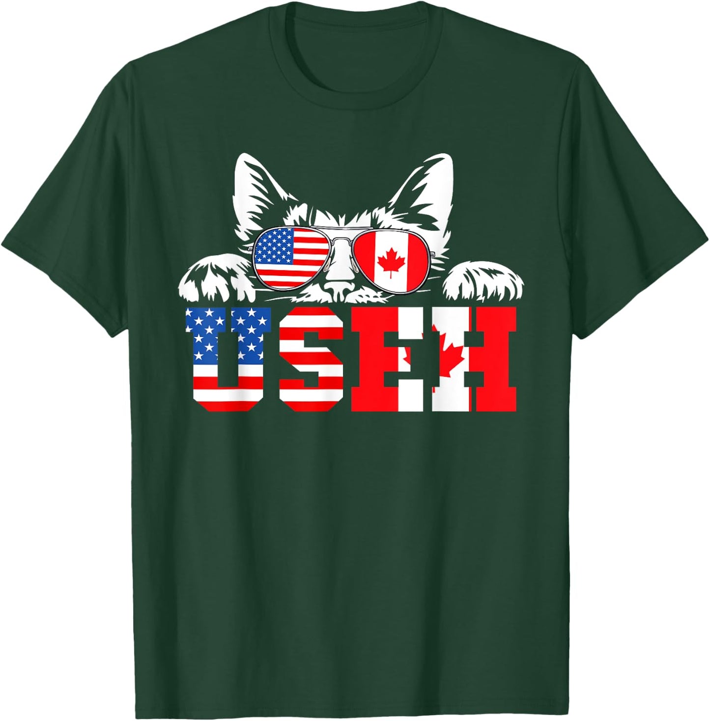 Funny Cat Lover Maple Leaf Canadian & USA Flag Canada Day T-Shirt - T-Shirt | Forest