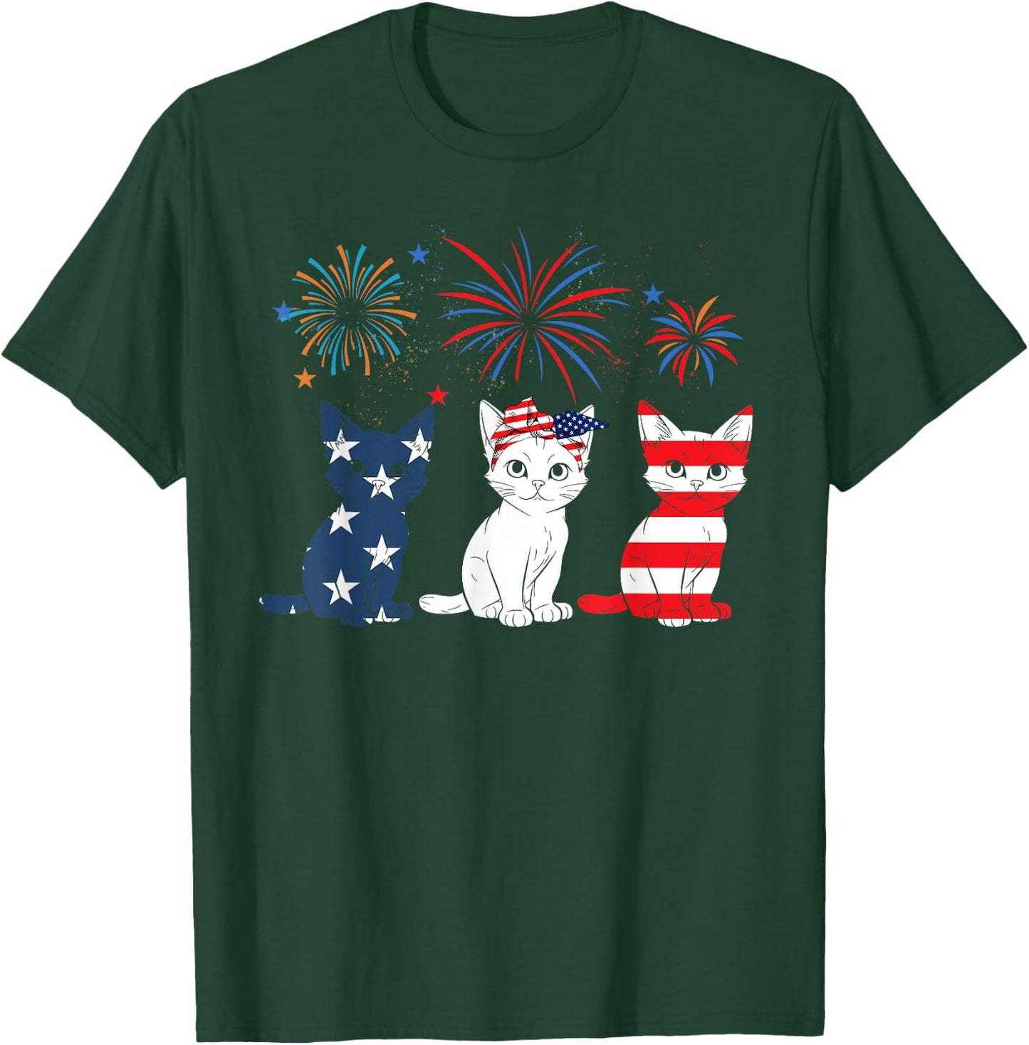 Red White Blue Cat USA Flag Firework 4th Of July T-Shirt - T-Shirt | Forest
