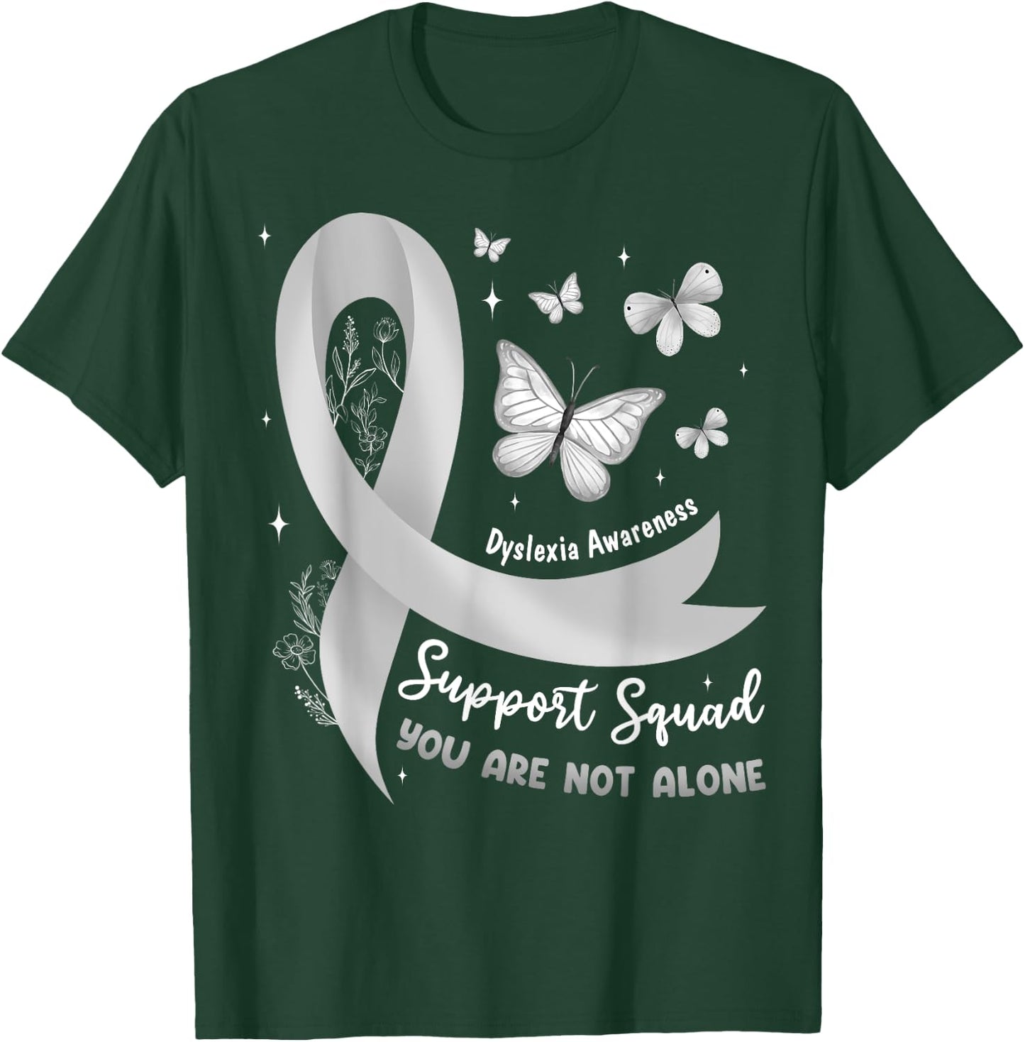 Support Squad Dyslexia Awareness Silver Ribbon Butterfly T-Shirt - T-Shirt | Forest