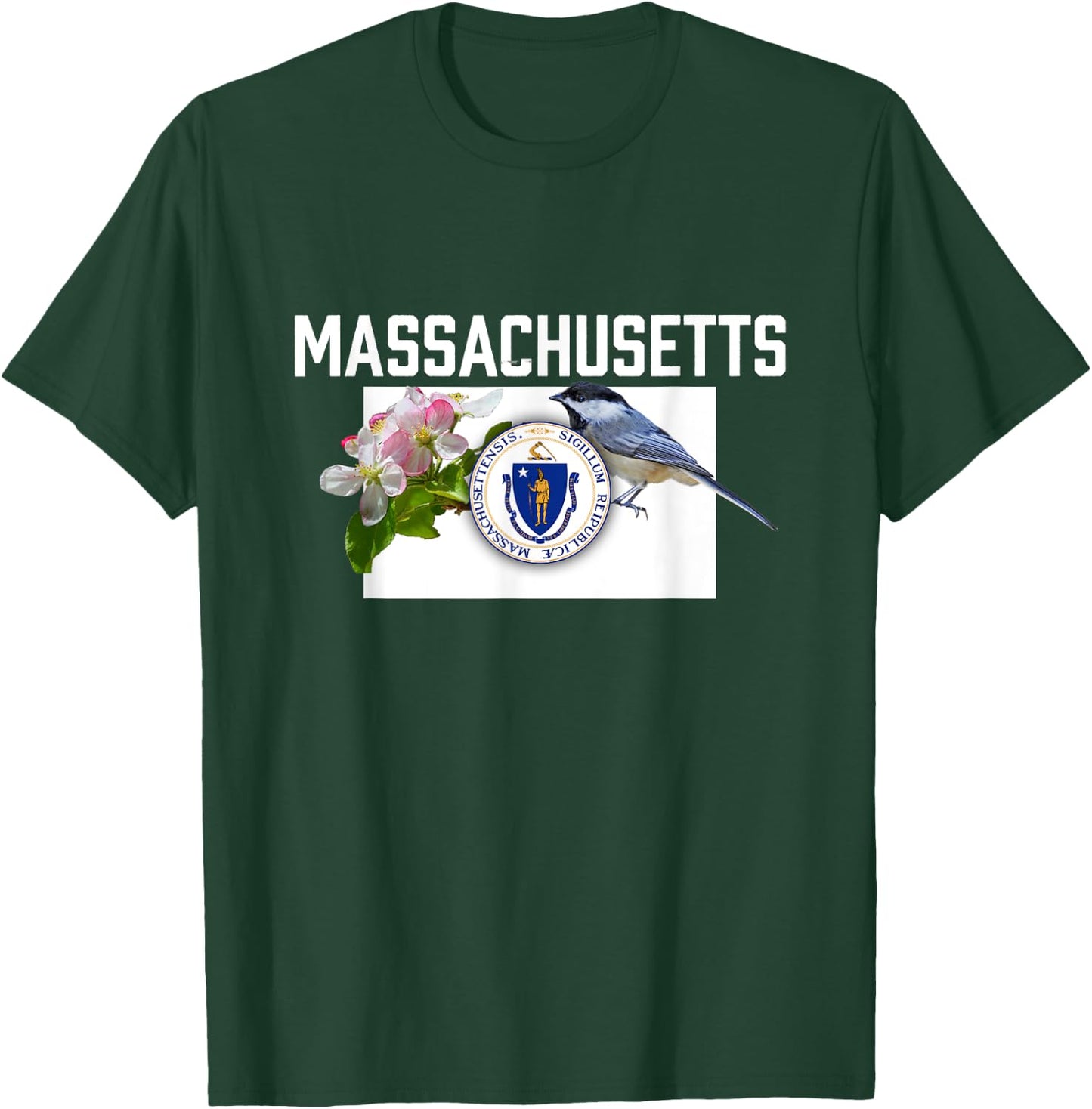 Massachusetts US State Flag With State Bird & Flower T-Shirt - T-Shirt | Forest