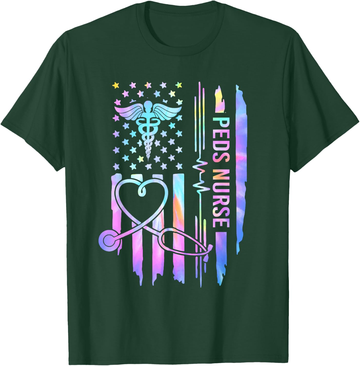 Pediatric Nurse PEDS Nursing Appreciation Pediatric USA Flag T-Shirt - T-Shirt | Forest