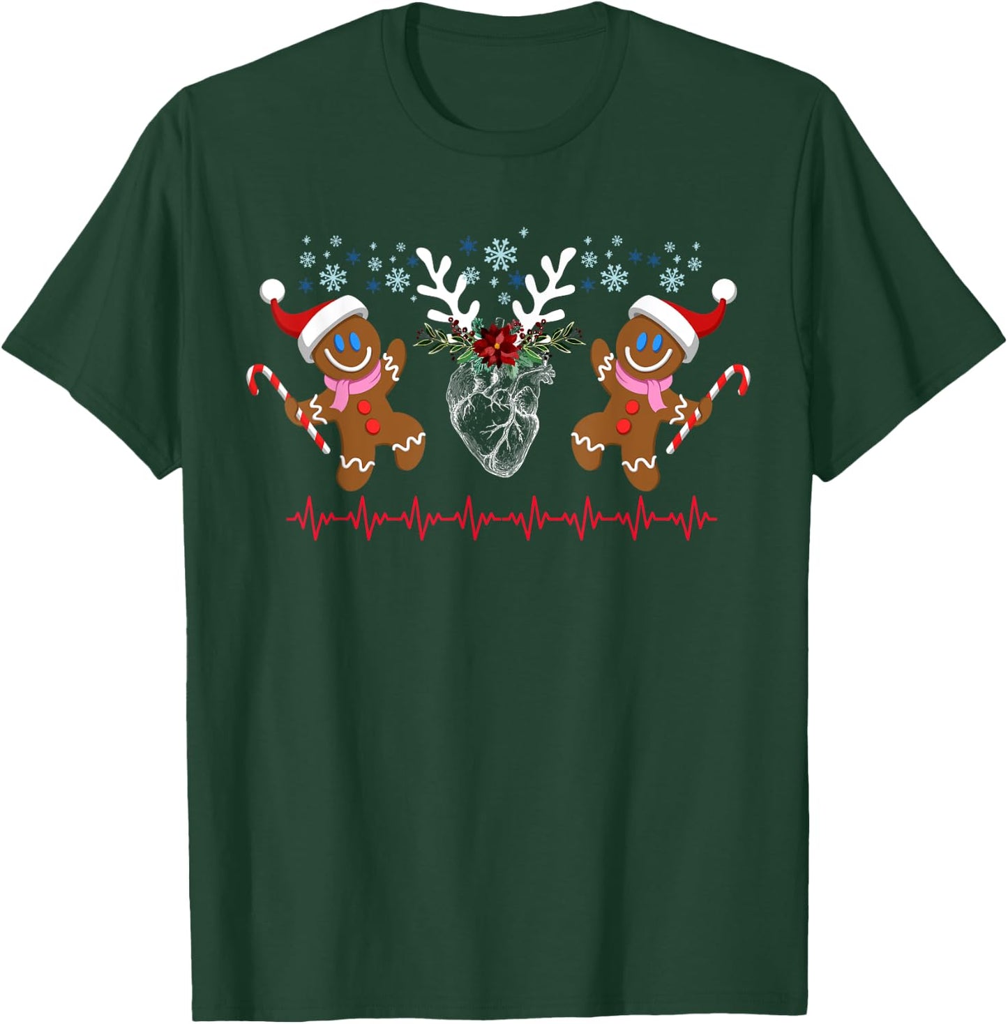 Floral Heart Reindeer Gingerbread Christmas Cardiac Nurse T-Shirt - T-Shirt | Forest