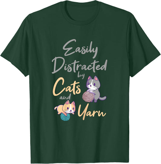 Easily Distracted By Cats And Yarn Cat Crochet Knitting T-Shirt - T-Shirt | Forest