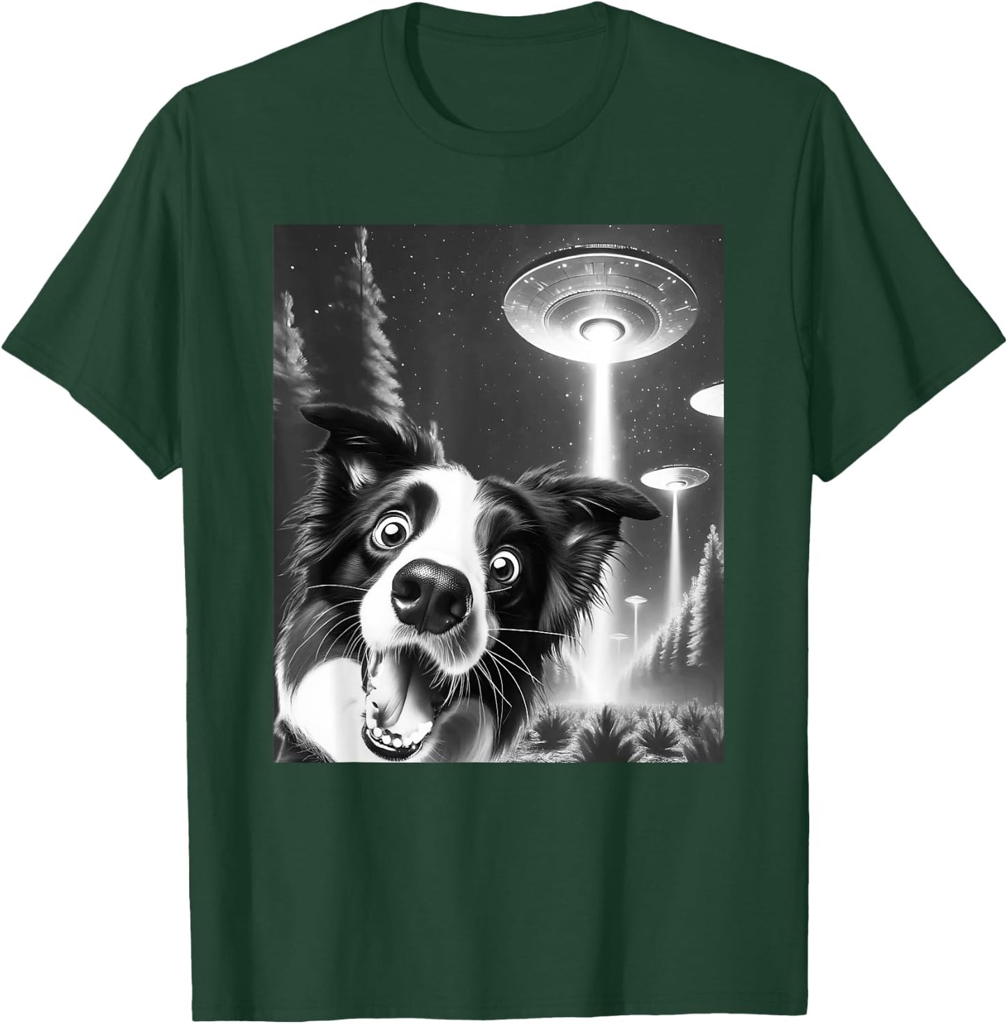 Funny Border Collie Alien UFO Taking a Selfie Dog Mom Dad Men Women Girls Kids T-Shirt - T-Shirt | Forest