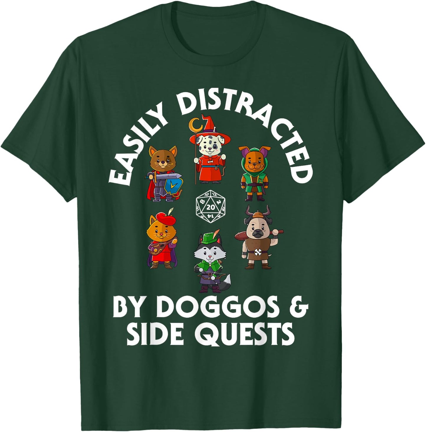 D20 Dice Tabletop Gamer Store RPG Gamer Doggos Side Quests Dogs Nerdy Dog Men Women Kids T-Shirt - T-Shirt | Forest