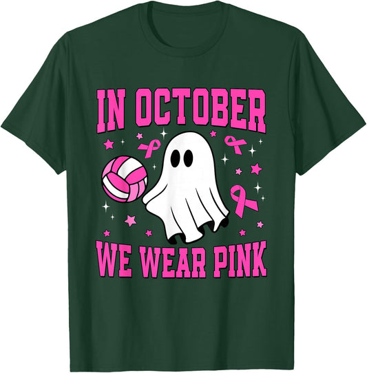 In October We Wear Pink Ghost Volleyball Breast Cancer T-Shirt - T-Shirt | Forest