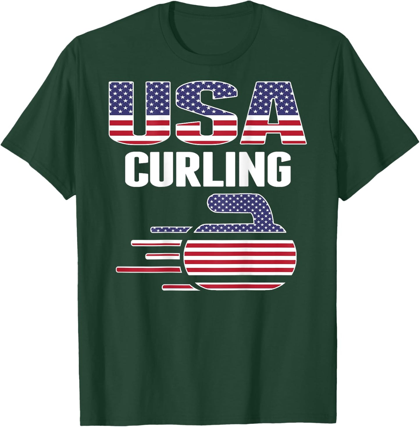 USA Team Curling Rock Jersey American Flag Winter Sport Gift Kids Men T-Shirt - T-Shirt | Forest