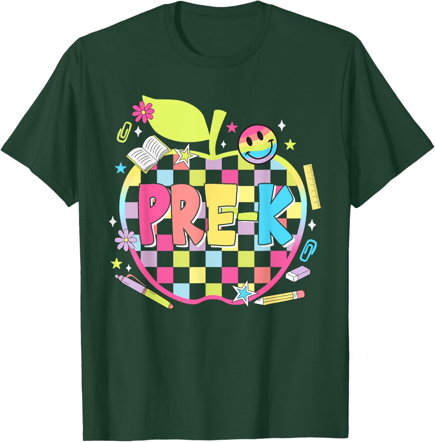 Pre-K Teachers Apples Retro Smile Face Back To School T-Shirt - T-Shirt | Forest
