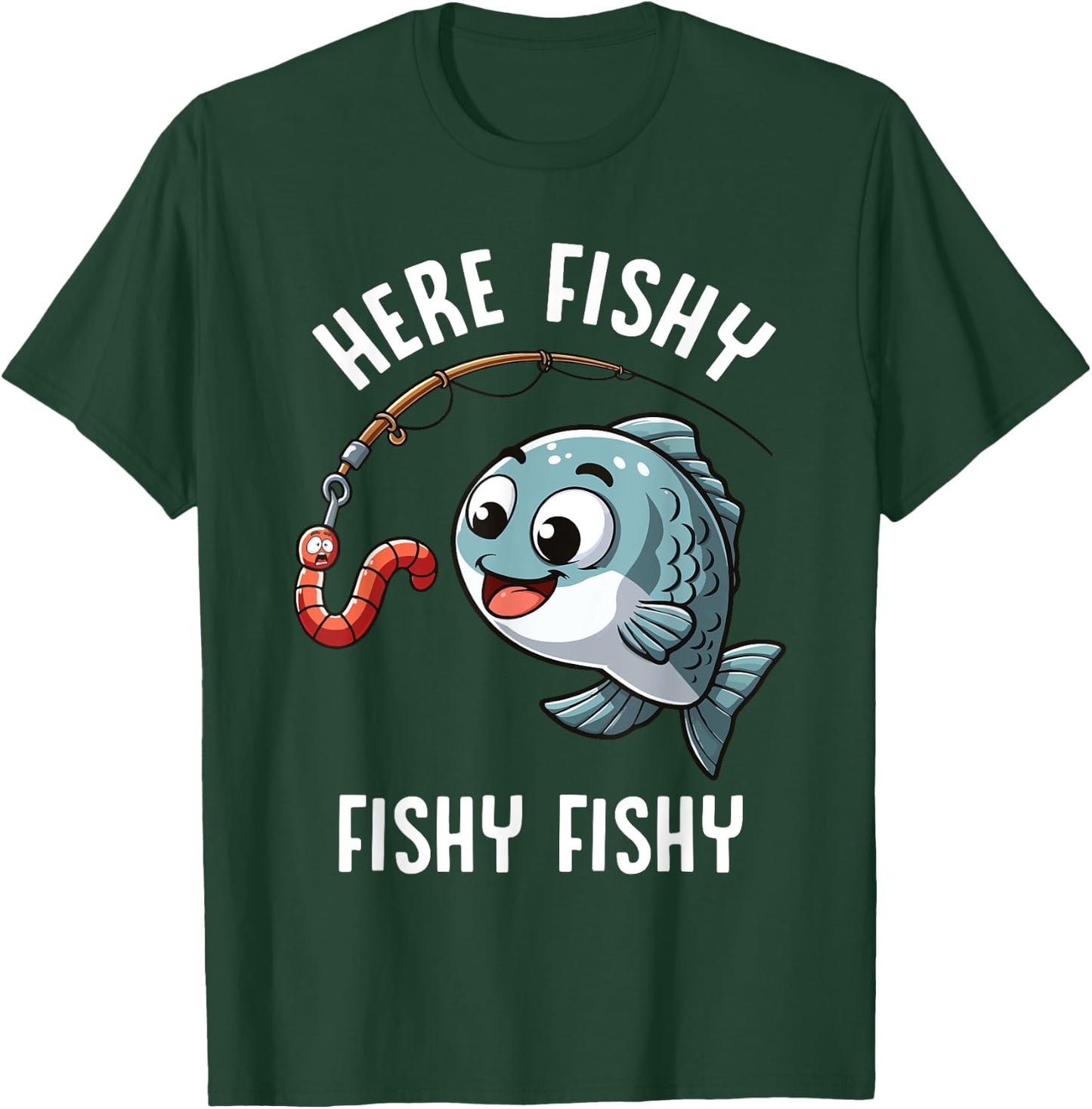 Here Fishy Fishing Funny Worm Cute Fish Fisherman Boys Girls T-Shirt - T-Shirt | Forest